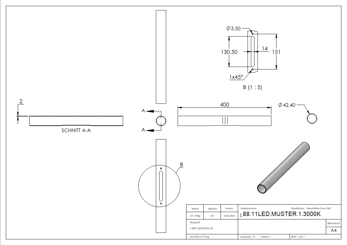 LED Musterhandlauf inkl- 1x LED 3000 K-88-11LED-MUSTER-1.3000K