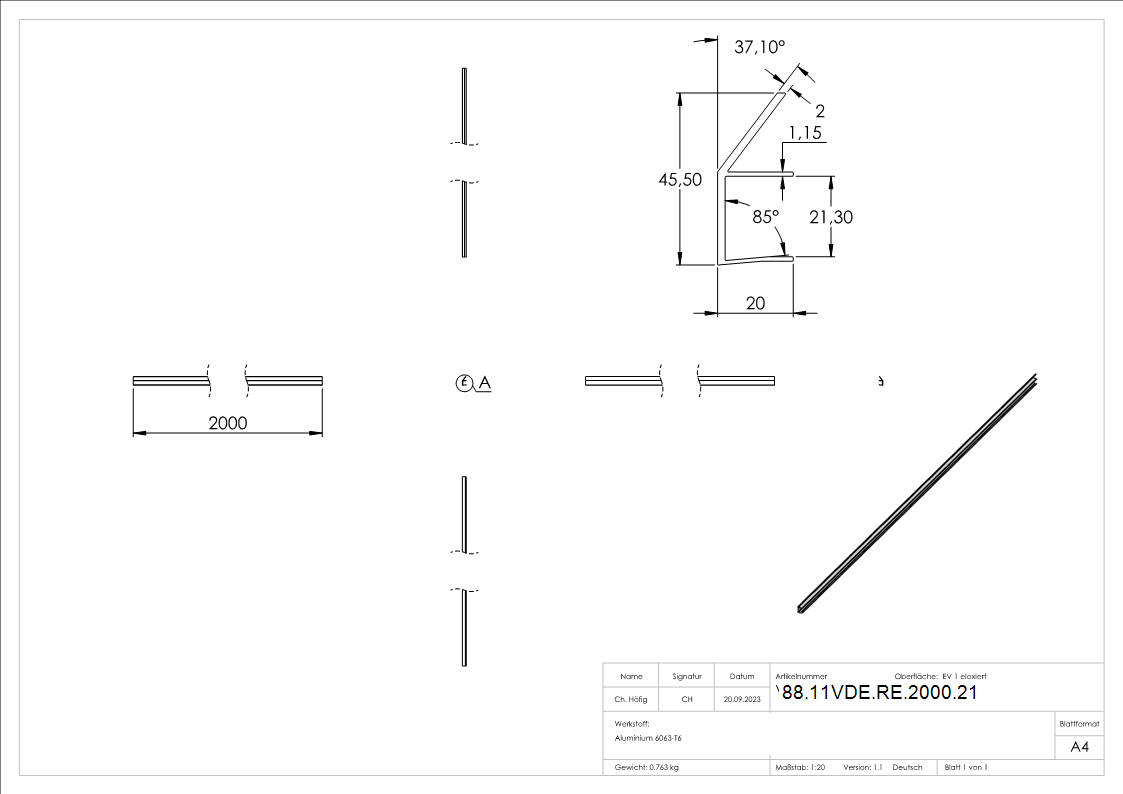 Regenrinne fuer Vordaecher- Glas 21-52mm- L=2000mm- E4-EV1-88-11VDE-RE-2000.21