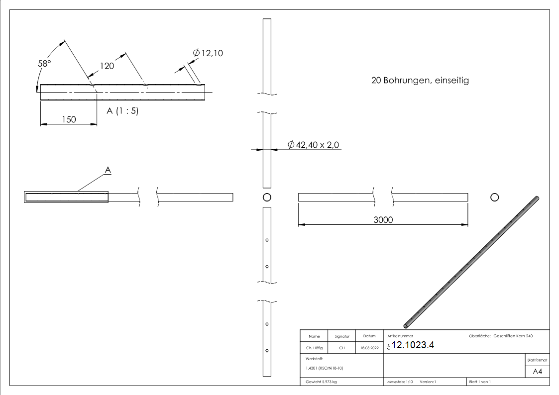 Rundrohr Ø 42-4 x 2-0 mm einseitig gelocht á 3 m Edelstahl-12-1023.4