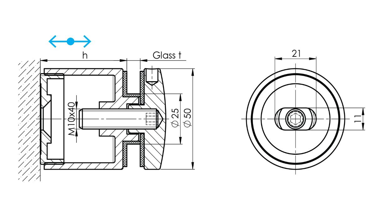 Punkthalter Edelstahl V2A RAL 9005 fuer Glas 8-00-17-52 mm Wandabstand 42-47mm-11-7005-A.4