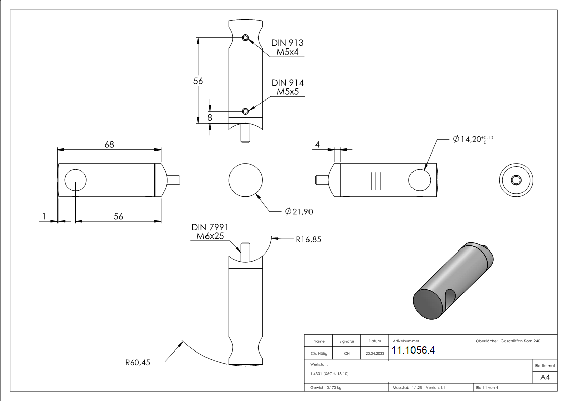 Querstabhalter V2A Edelstahl Lang 68 mm – Anschluss 33-7 mm fuer Rundstaebe 14 mm inkl- Schrauben-11-1056.4