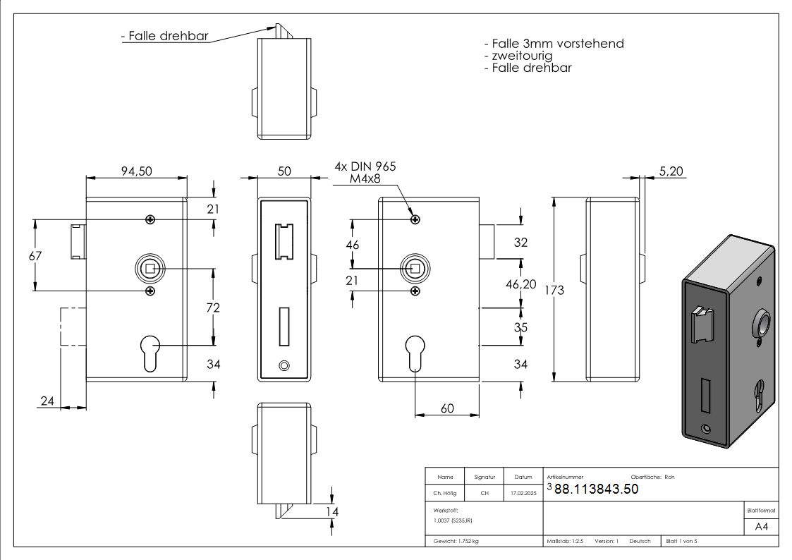 Kastenschloss verzinkt 50 x 94-5 x 173 mm-88-113843.50