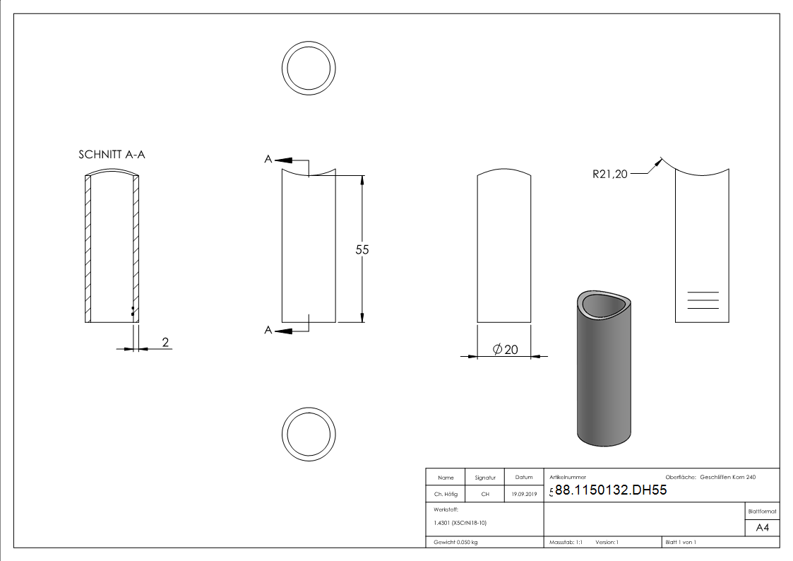 Distanzhuelse Edelstahl V2A L 55 mm fuer Rohr Ø 42-4 mm einseitig ausgefraest-88-1150132.DH55