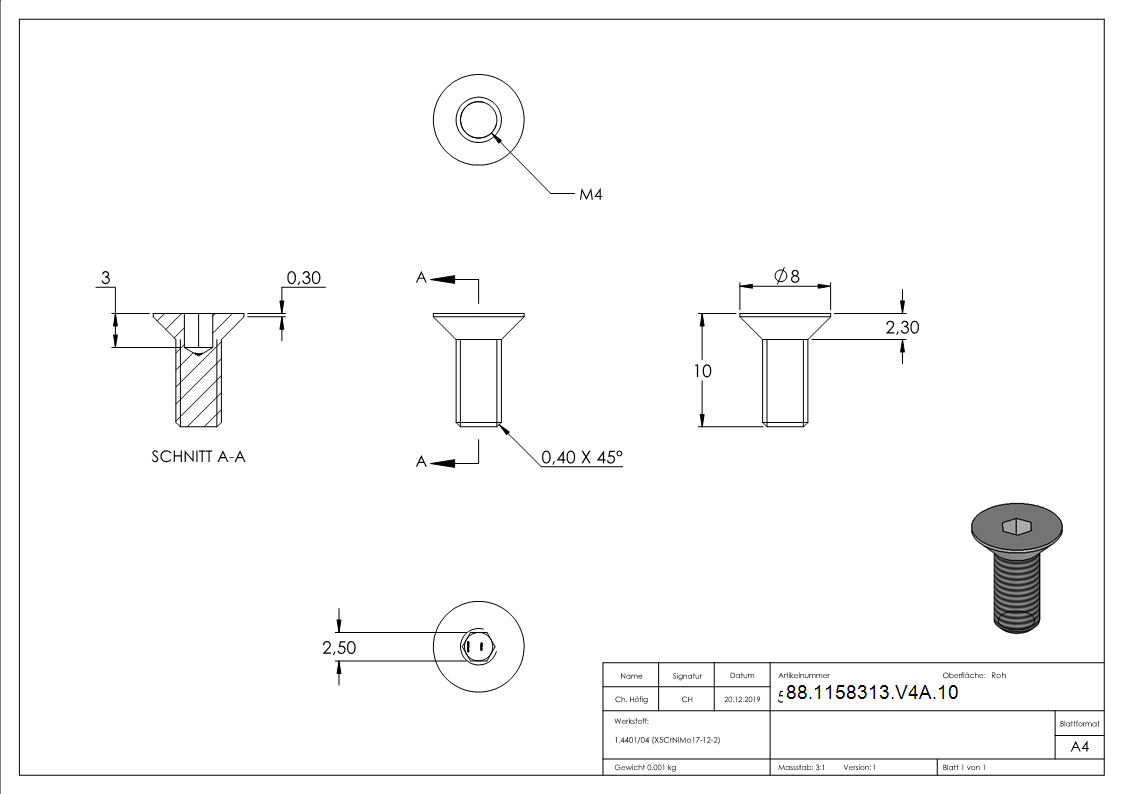 Senkkopfschraube V4A M4x10 Innensechskant ISO 10642-88-1158313-V4A.10