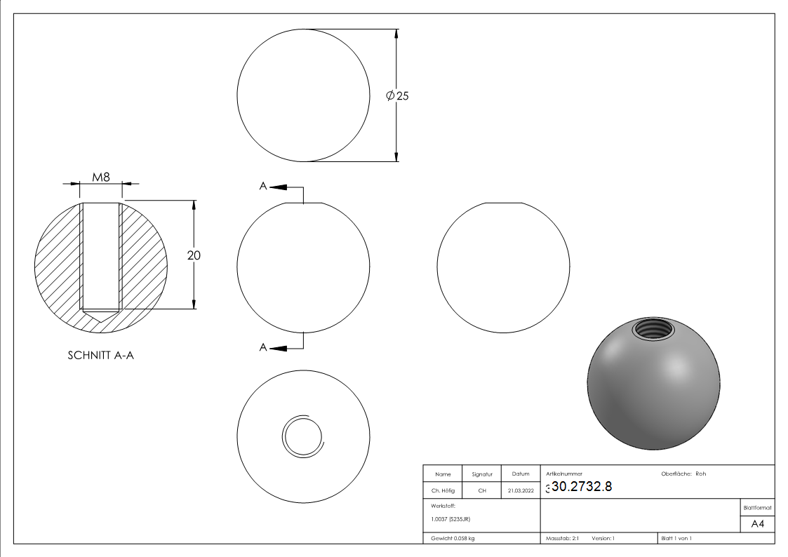 Kugel Ø 25 mm - massiv glatt - mit Gewinde M8 - Stahl S235JR- roh-30-2732.8