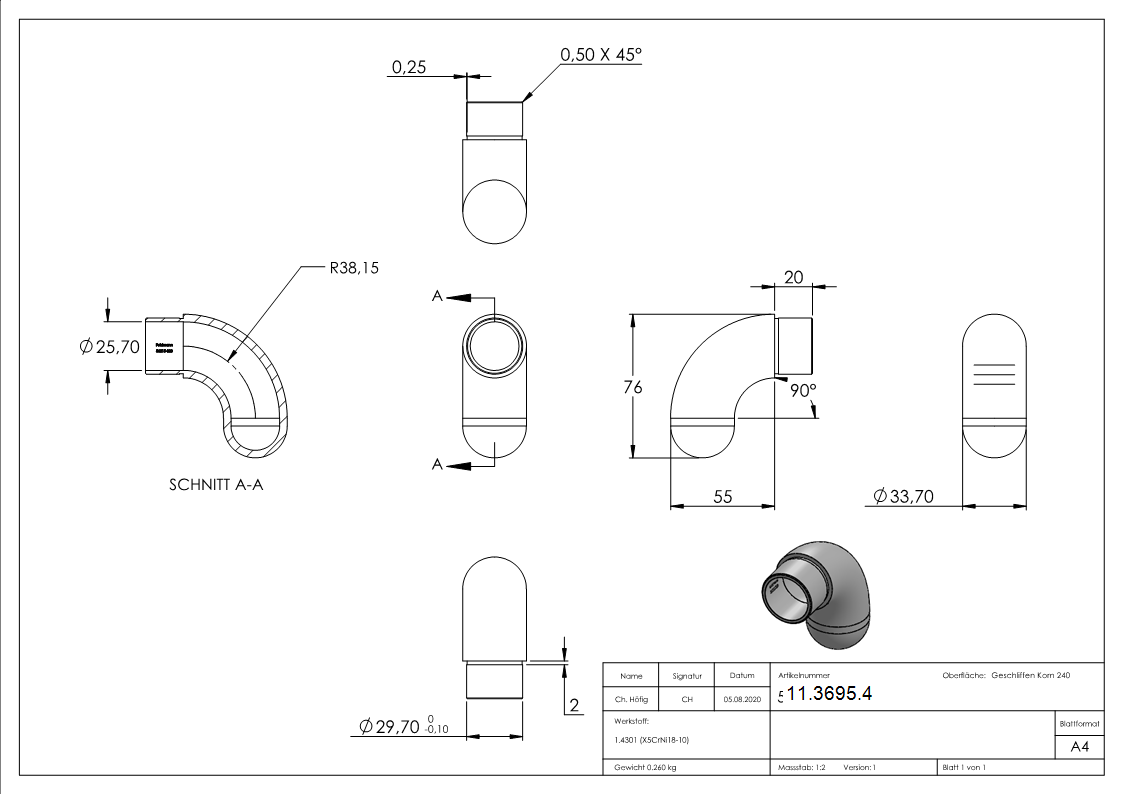 Endbogen V2A fuer Rohr Ø 33-7 x 2-0 mm 90° halbrund-11-3695.4