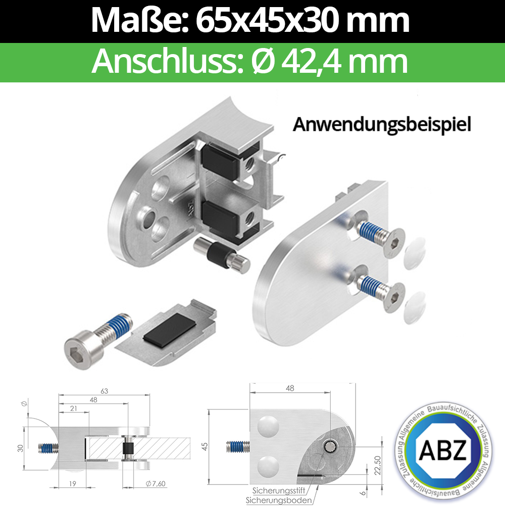 Glasklemme AbZ 63x45x30 mm Ø 42-4 mm- fuer 10-76 mm VSG Glas- Nein - Ohne Sicherungsstift- Nein - Ohne Sicherungsboden-10-MODELL38-42-11-1.1