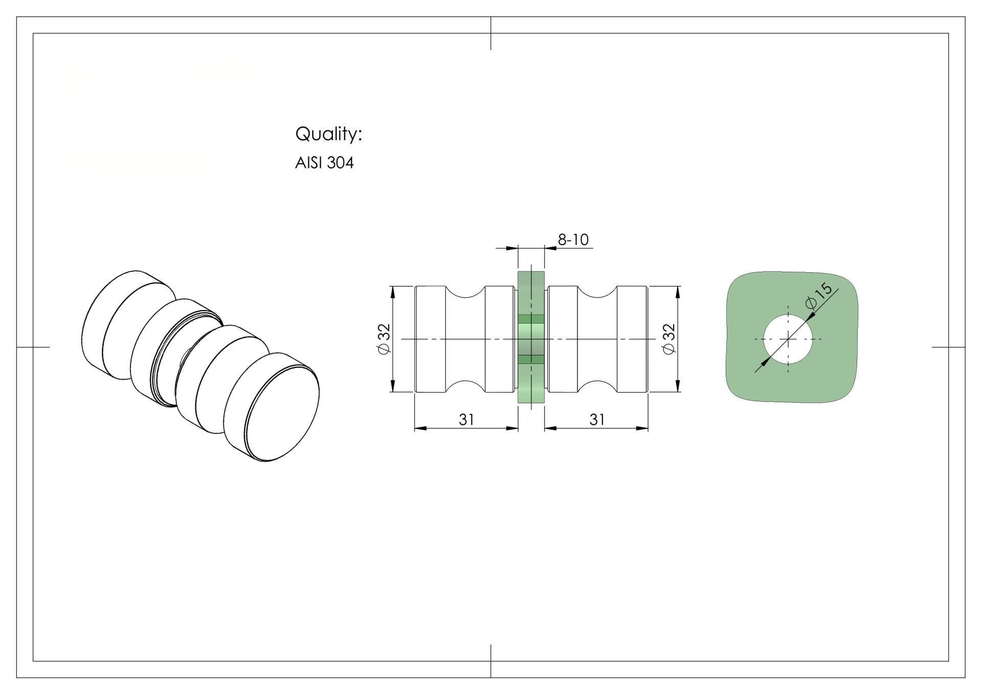 Glastuerknauf beidseitig Edelstahl V2A geschliffen Ø 32mm-89-11GS304M926S-A.4