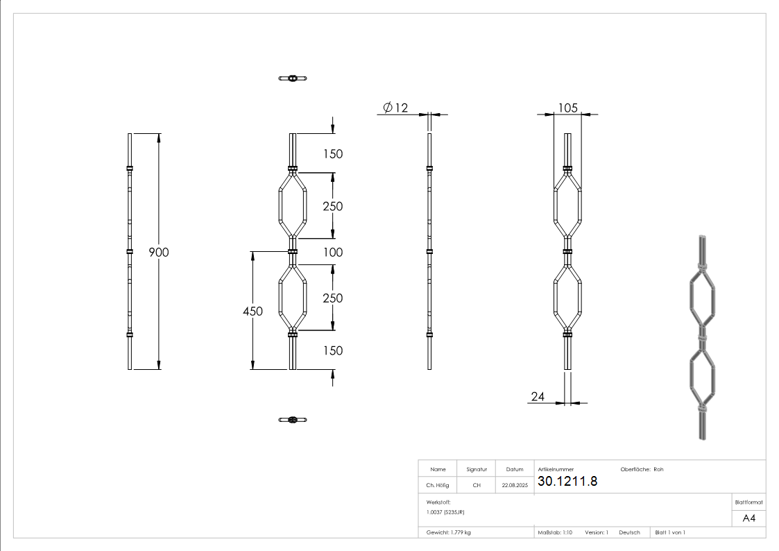 Zierstab - 900 mm - Material- 12 mm glatt - Stahl -Roh- S235JR-30-1211.8