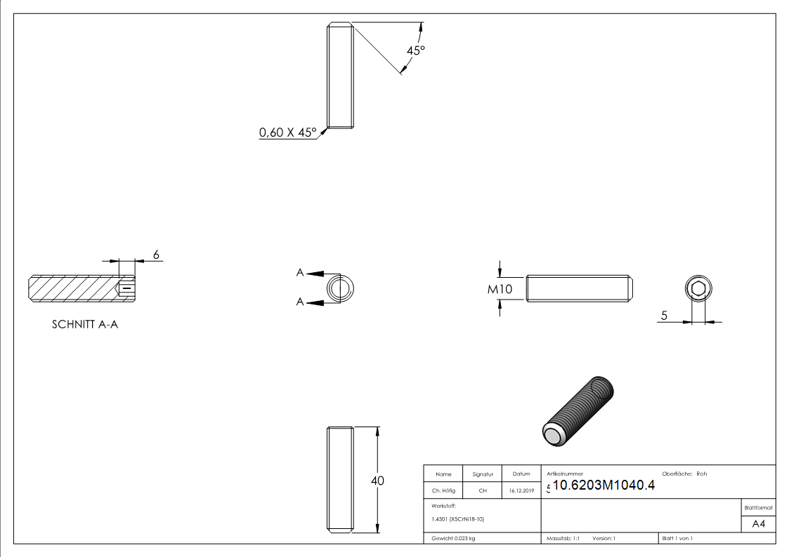 Gewindestift V2A Edelstahl M10x40 DIN 913 Kegelkuppe-10-6203M1040.4