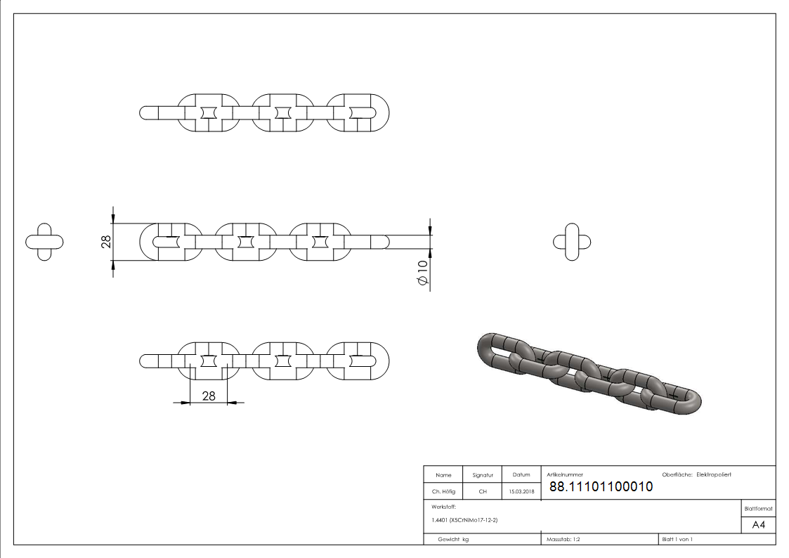 VA-Kette DIN 766- Ø 10mm-88.11101100010