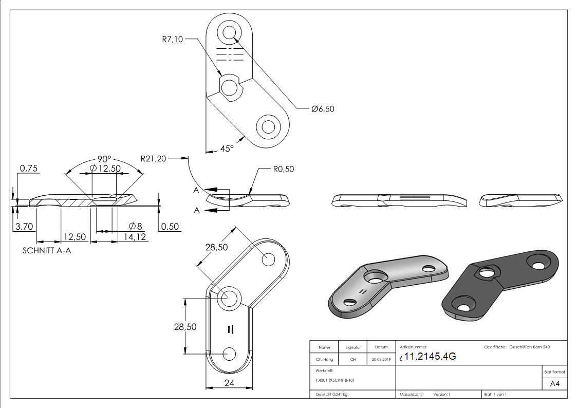 Handlaufanschlussplatte 135° fuer Rohr Ø 42-4 mm mit gesenkten Aussenbohrungen V2A-11-2145.4G