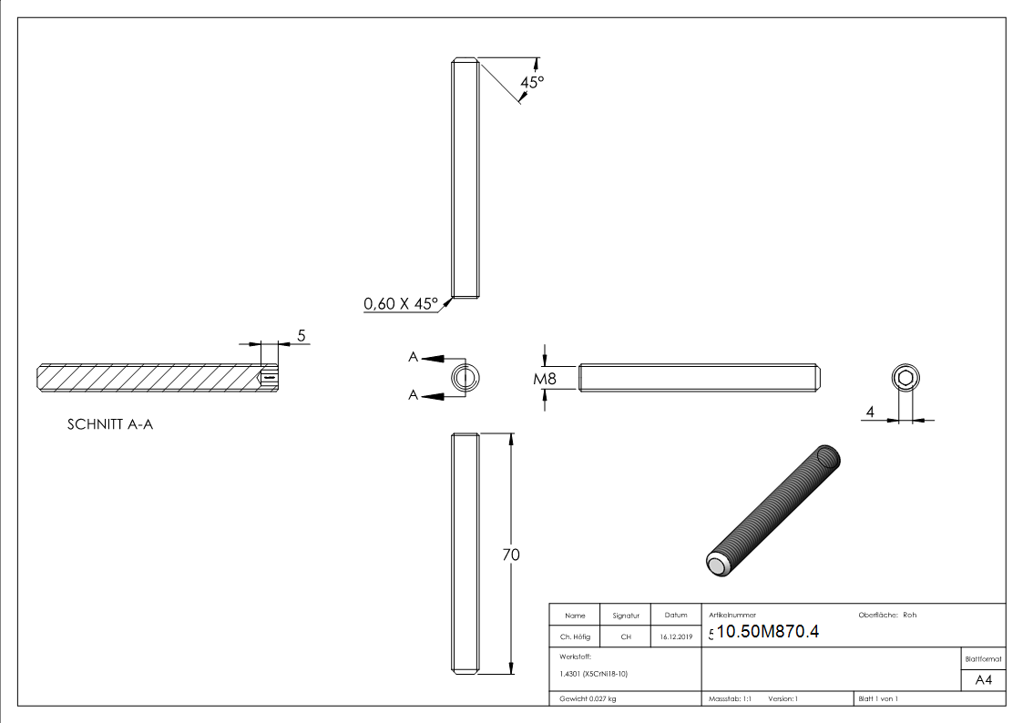 Gewindestift V2A Edelstahl M8x70 Innensechskant Kegelkuppe DIN 913-10-50M870.4