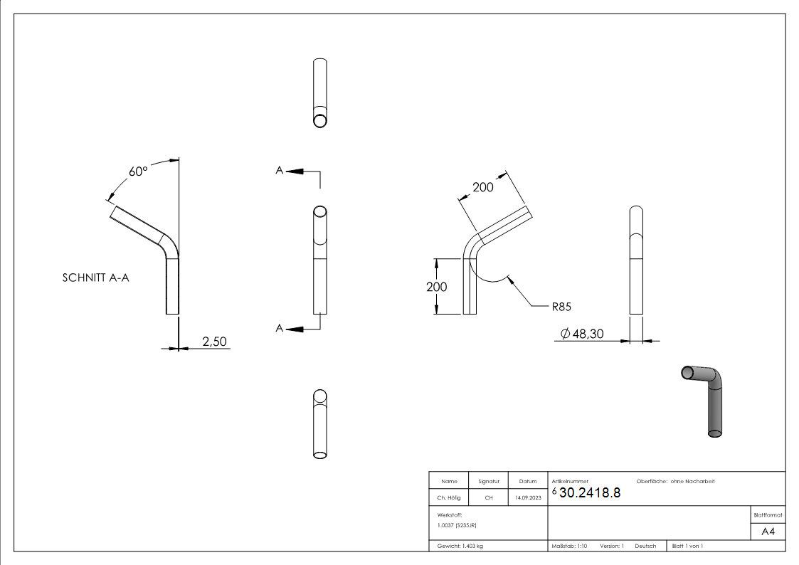 Rohrbogen 60° Stahl roh - 48-3 x 2-5 mm -1 ½- - S235JR-30-2418.8