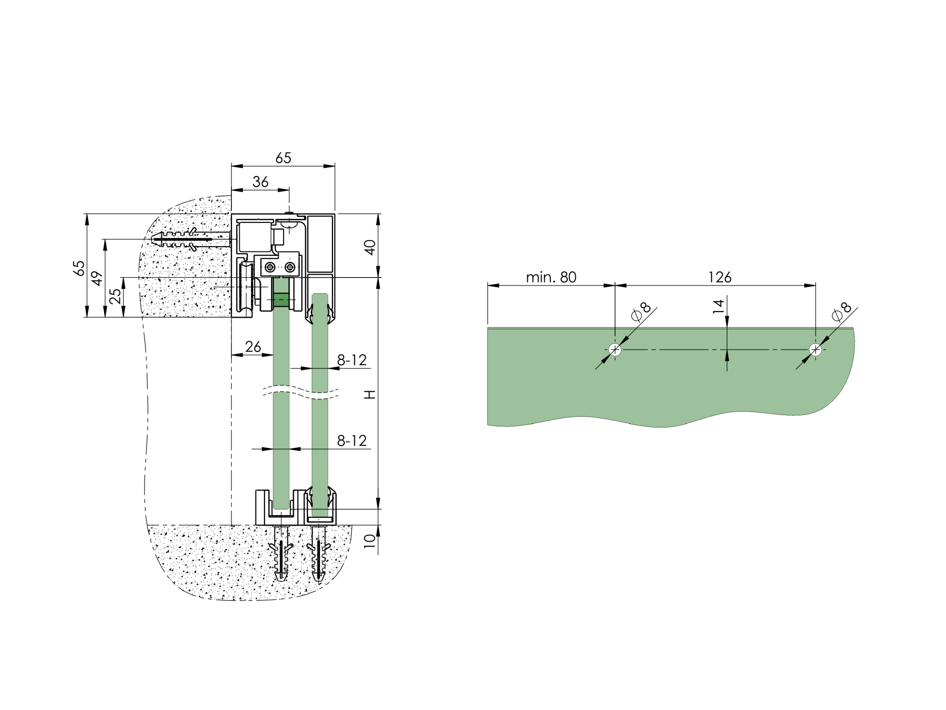 Glastuer Schiebetuersystem Aluminium 3000mm- 8-12mm Glas- 80kg- Soft-Close-89-11GSALP8108NE3M-A.4