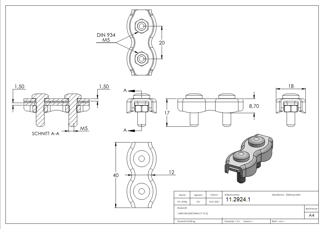 Duplexklemme - fuer Seil Ø 4 mm - V4A-11-2924.1