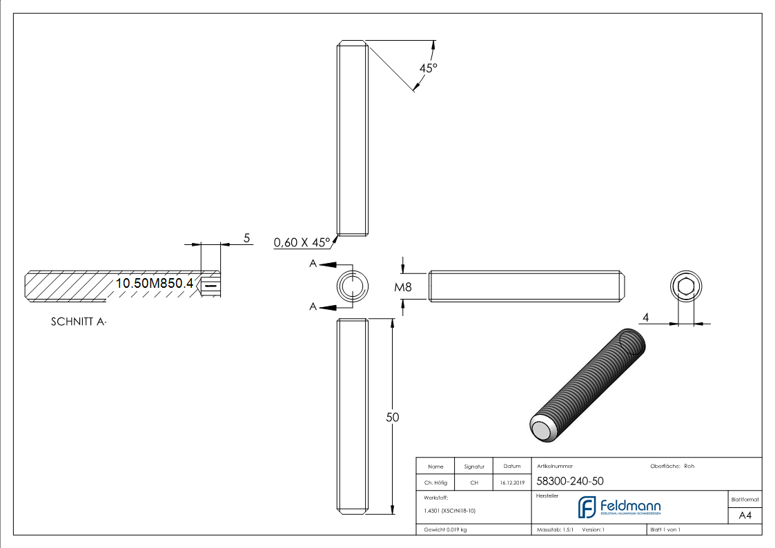 Gewindestift M8 x 50 mm- V2A-10-50M850.4