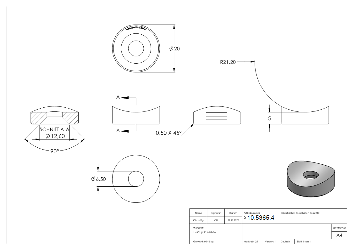 Ausgleichsstueck Ø 20 mm fuer Rundroh Ø 42-4 mm mit Senkbohrung M6 V2A-10-5365.4