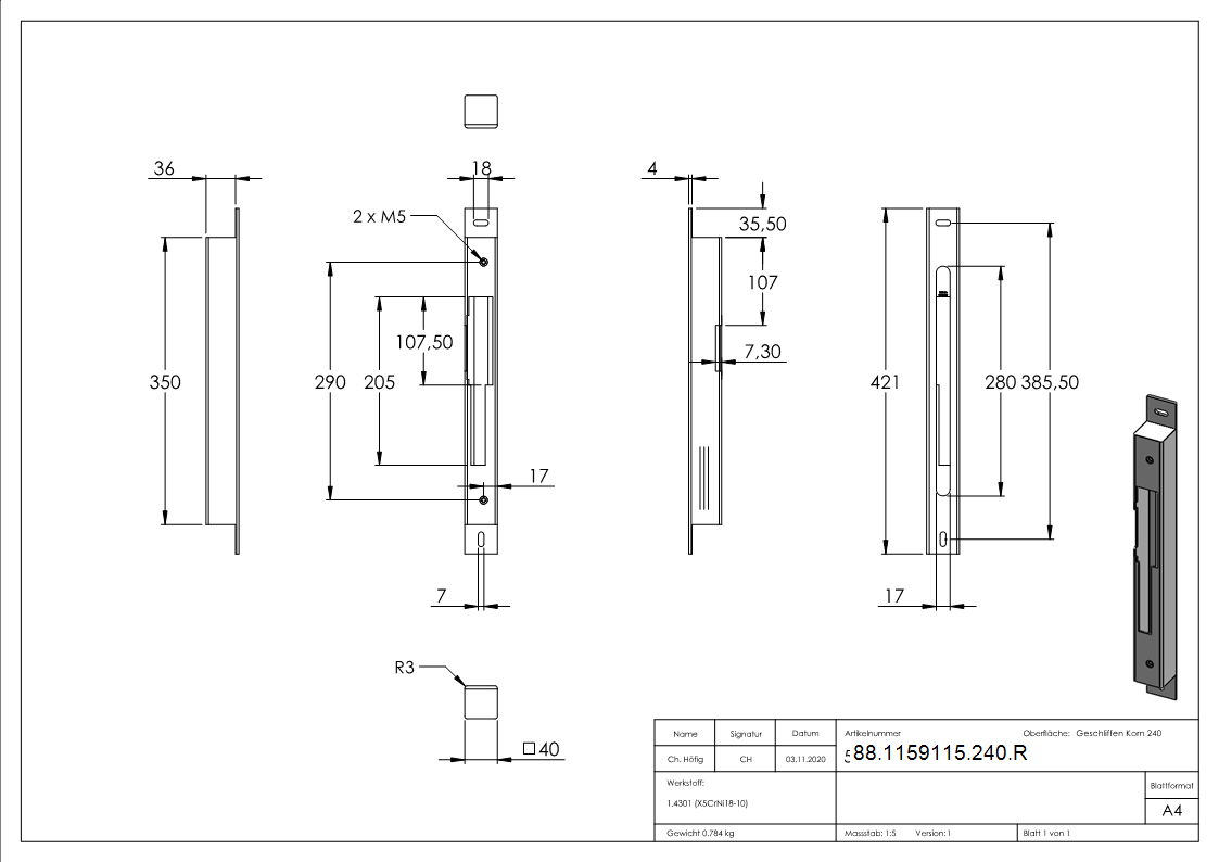 Edelstahlgegenkasten fuer 40mm- DIN R-88-1159115-240.R