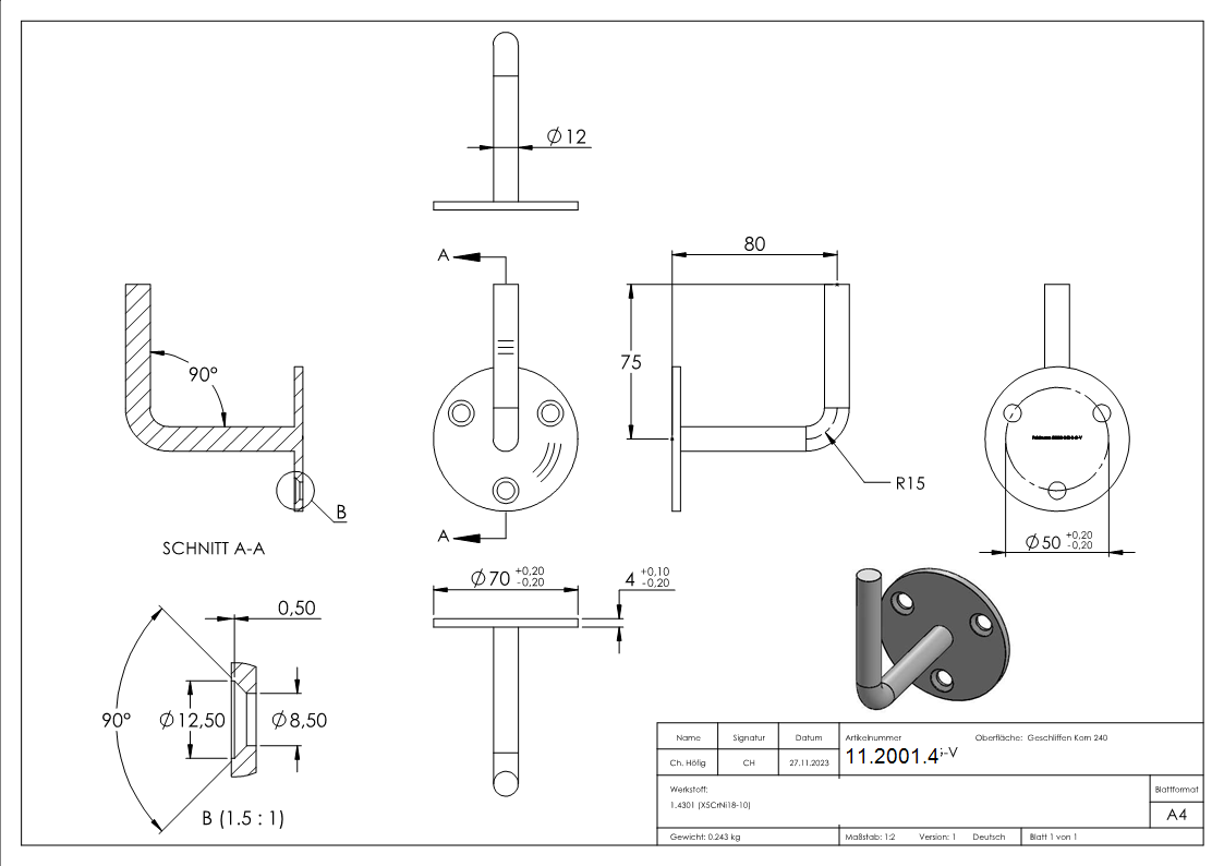 Handlaufhalter oben zum Anschweissen mit Ronde 70x4 mm - 3 gesenkten Bohrungen V2A-11-2001.4