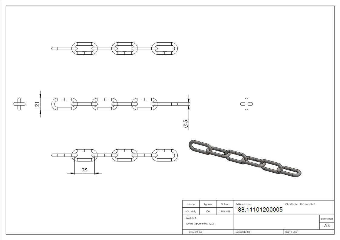 Edelstahlkette V4A Ø 5 mm DIN 763 langgliedrig-88.11101200005