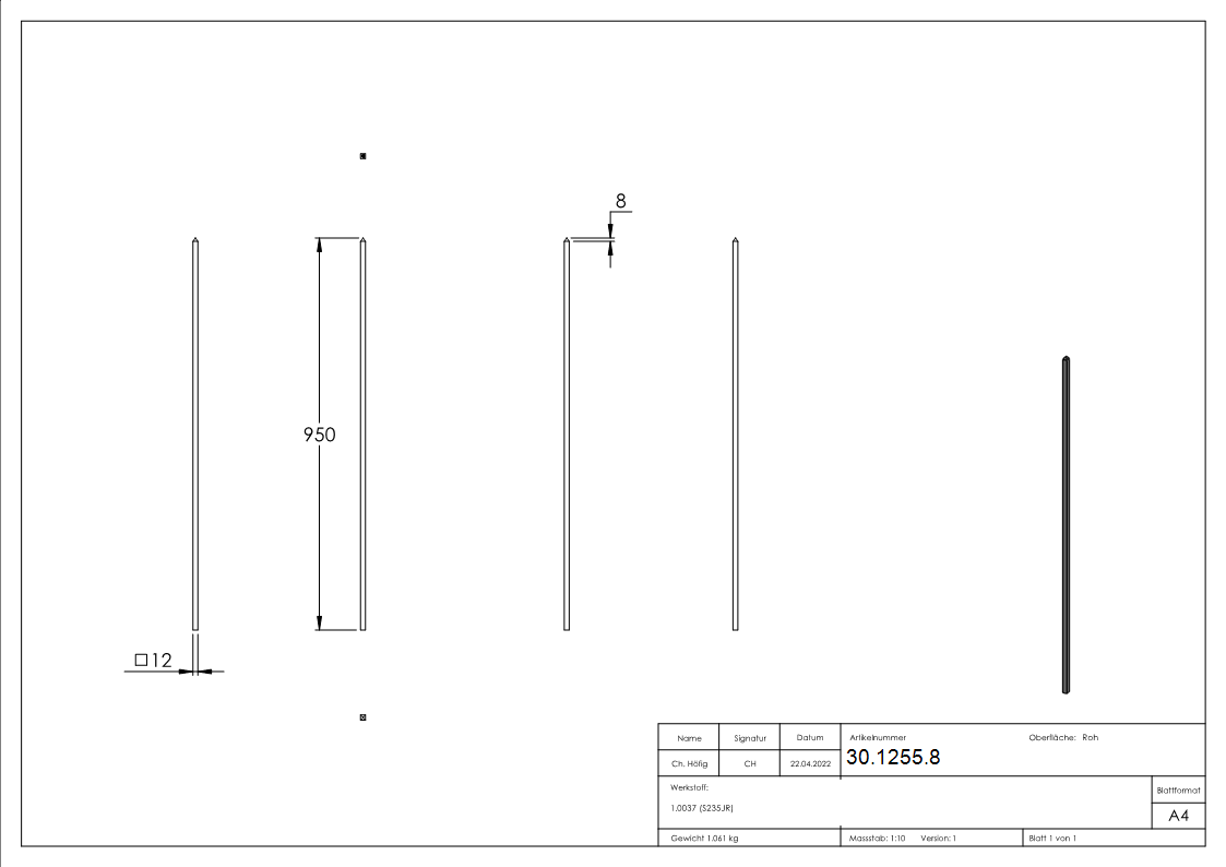 Zaunstab - Laenge- 950 mm - Material 12x12 mm - Pyramide - Stahl S235JR- roh-30-1255.8