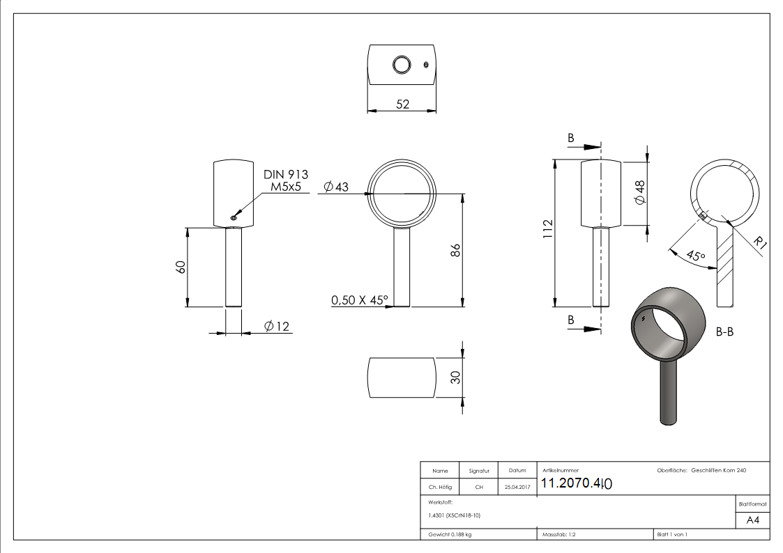 Handlaufhalter V2A fuer Rohr Ø 42-4 mm mit Steckstueck-11-2070.4