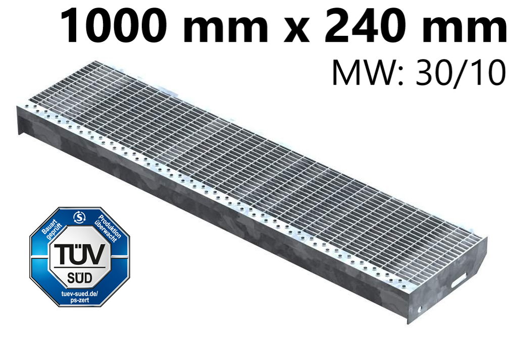 Gitterroststufe Treppenstufe Masse- 1000x240 mm 30-10 mm S235JR -St37-2- im Vollbad feuerverzinkt-40-1002431.7