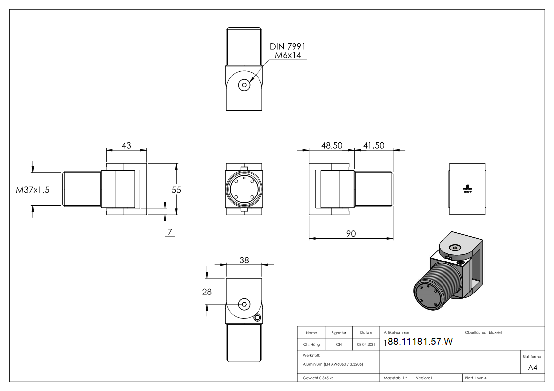 Torband selbstschliessend mit Stopp schweissbar aus Aluminium ARTIKEL - 57 W-Anschweissversion-88-11181-57.W