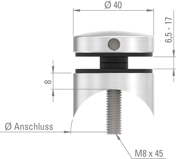 Glaspunkthalter Edelstahl V2A Ø 40 mm Anschluss Ø 42-4 mm M8 geschliffen Korn 240-88-1160231.240