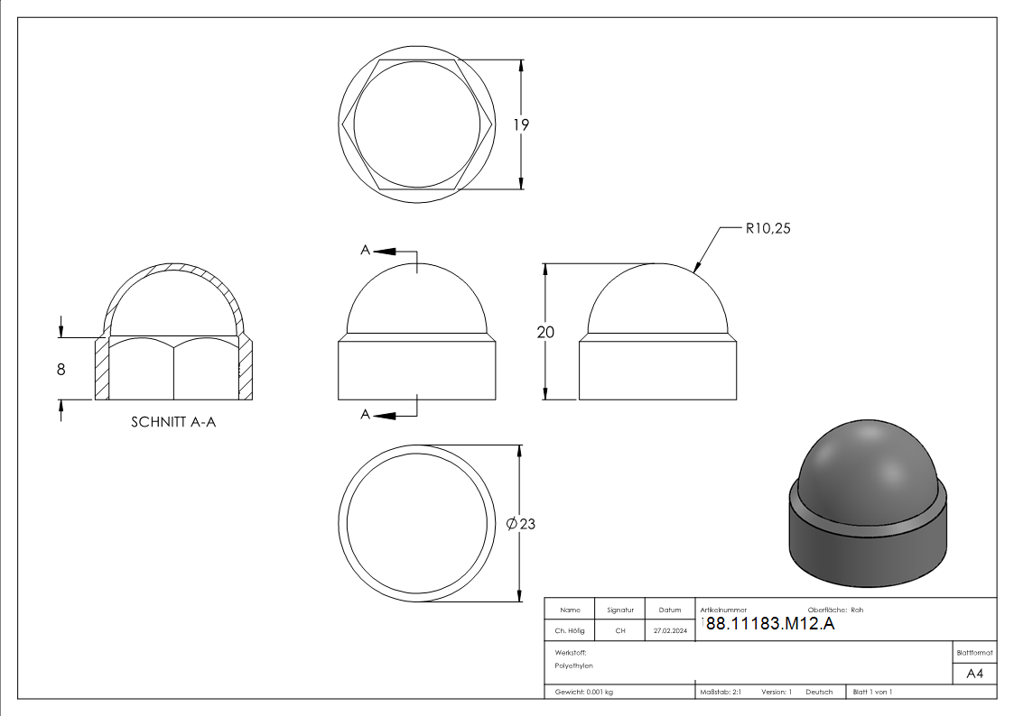 Sechskant-Schutzkappe Kunststoff fuer Gewinde M12 RAL 7016-88-11183-M12.A
