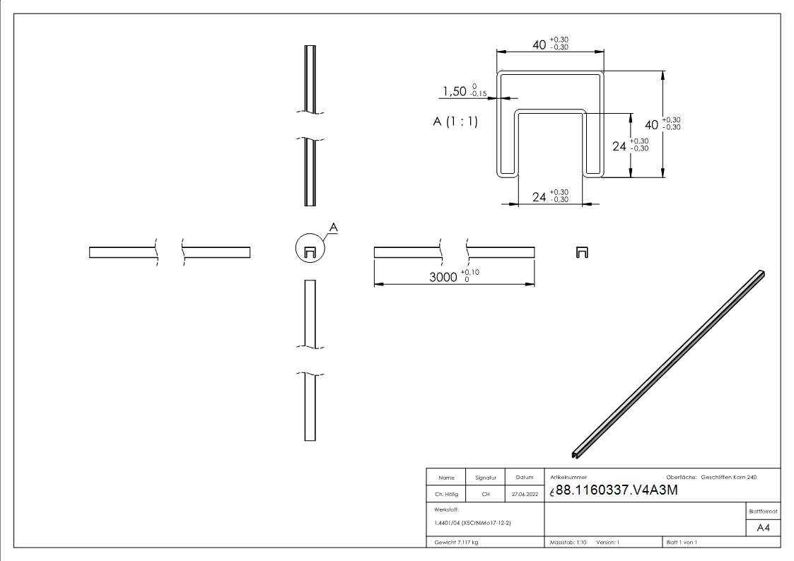 Quadratnutrohr- 40 x 40 x 1-5 mm- Laenge- 3000mm Edelstahl-88-1160337.V4A3M