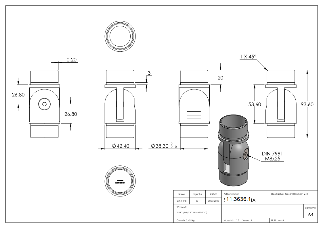 Gelenkstueck fuer Rundrohr Ø 42-4x2-0 mm V4A-11-3636.1