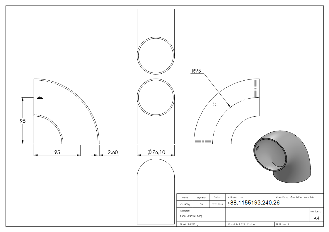 Schweissbogen 90°- 76-1 x 2-6mm- V2A- Bauart 3-88-1155193-240.26