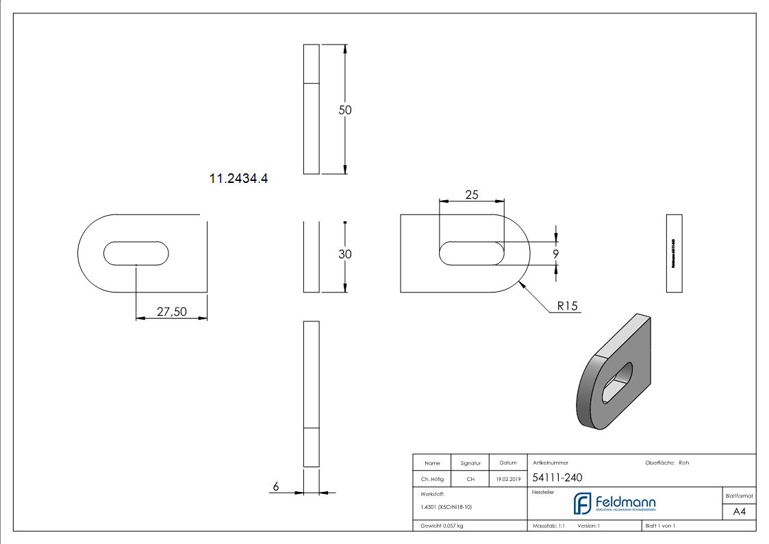 Anschweisslasche 50x30x6 mm mit Langloch- Ø 25x9 mm V2A-11-2434.4