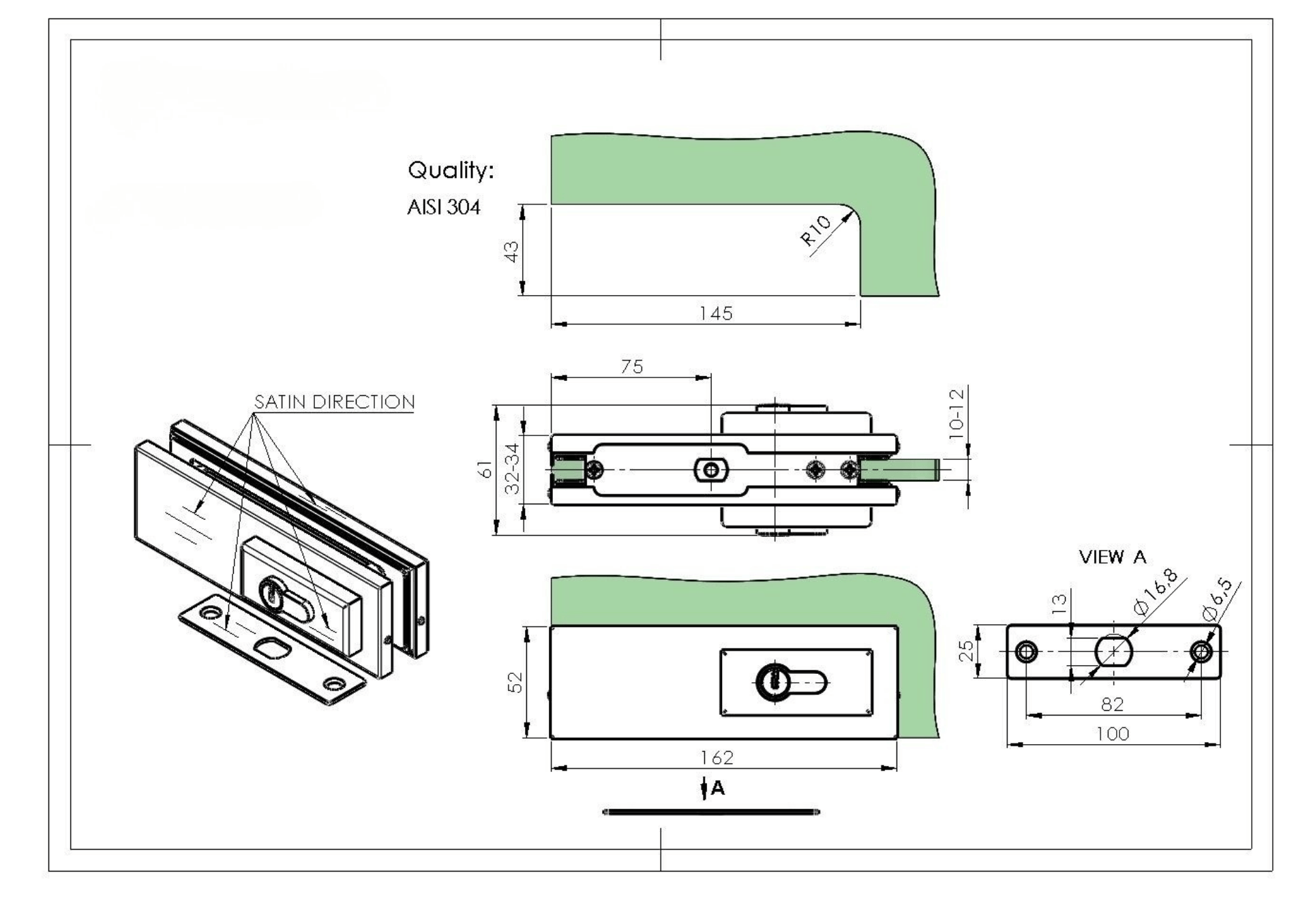 Glastuer Bodenschloss PZ fuer 10-12mm Glas- Edelstahl AISI 304 geschliffen-89-11GS304ZP814S-A.4