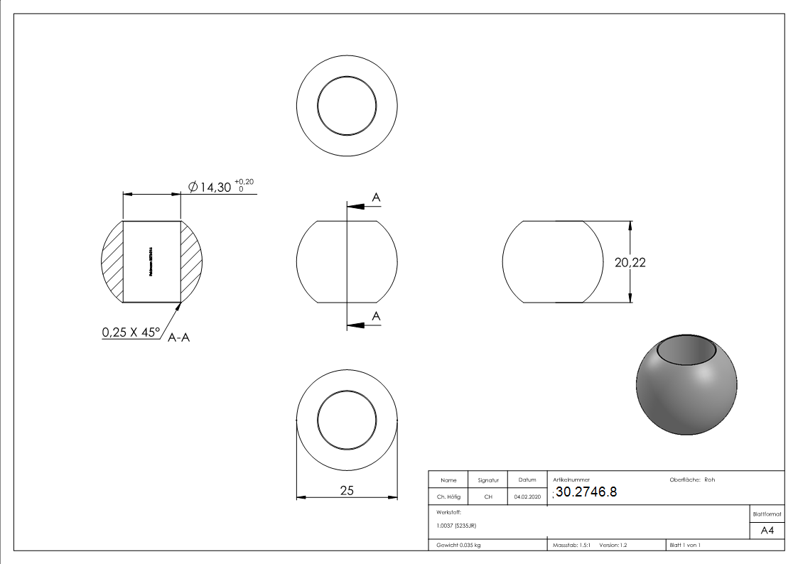 Kugel Ø 25 mm - mit Durchgangsbohrung 14-2 mm - Stahl S235JR- roh-30-2746.8