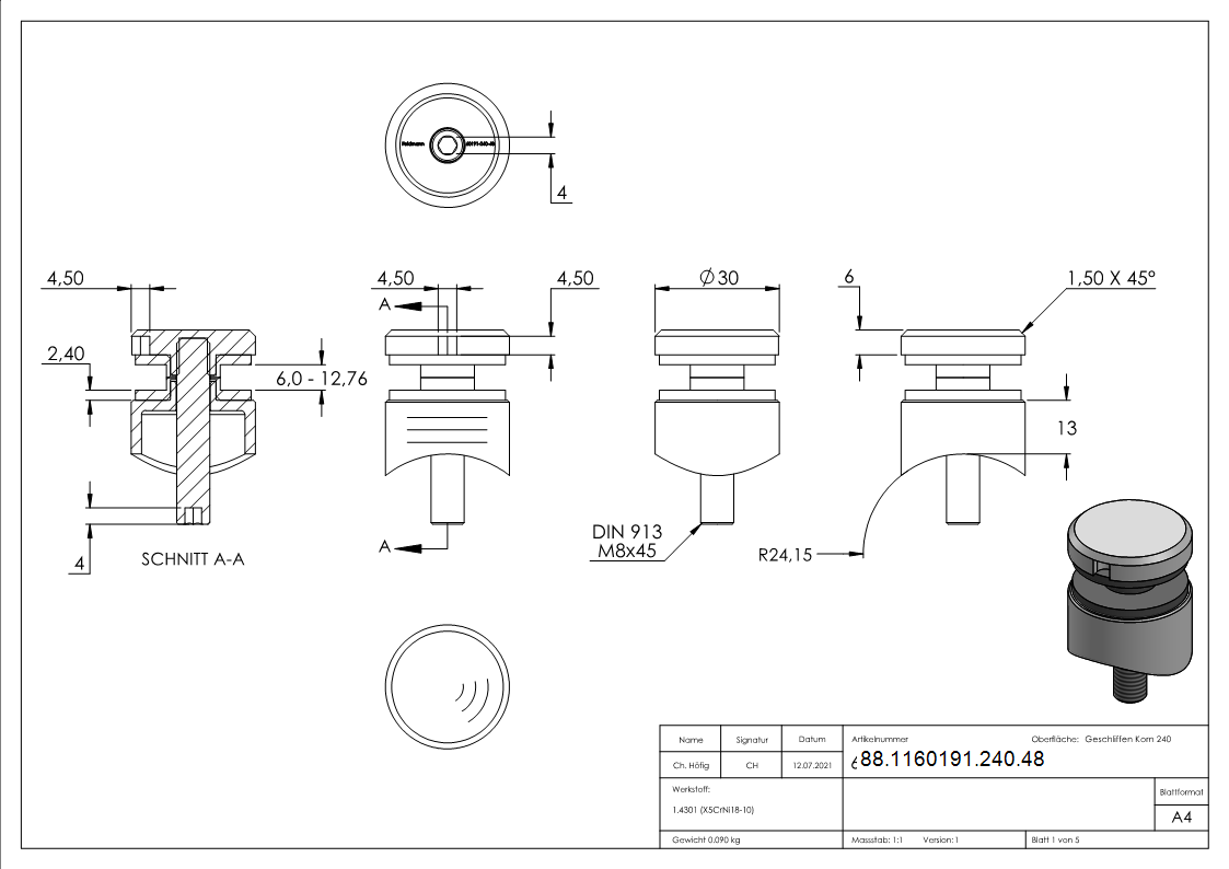 Glaspunkthalter Ø 30 mm- V2A- Anschluss- Rohr Ø 48-3 mm-88-1160191-240.48