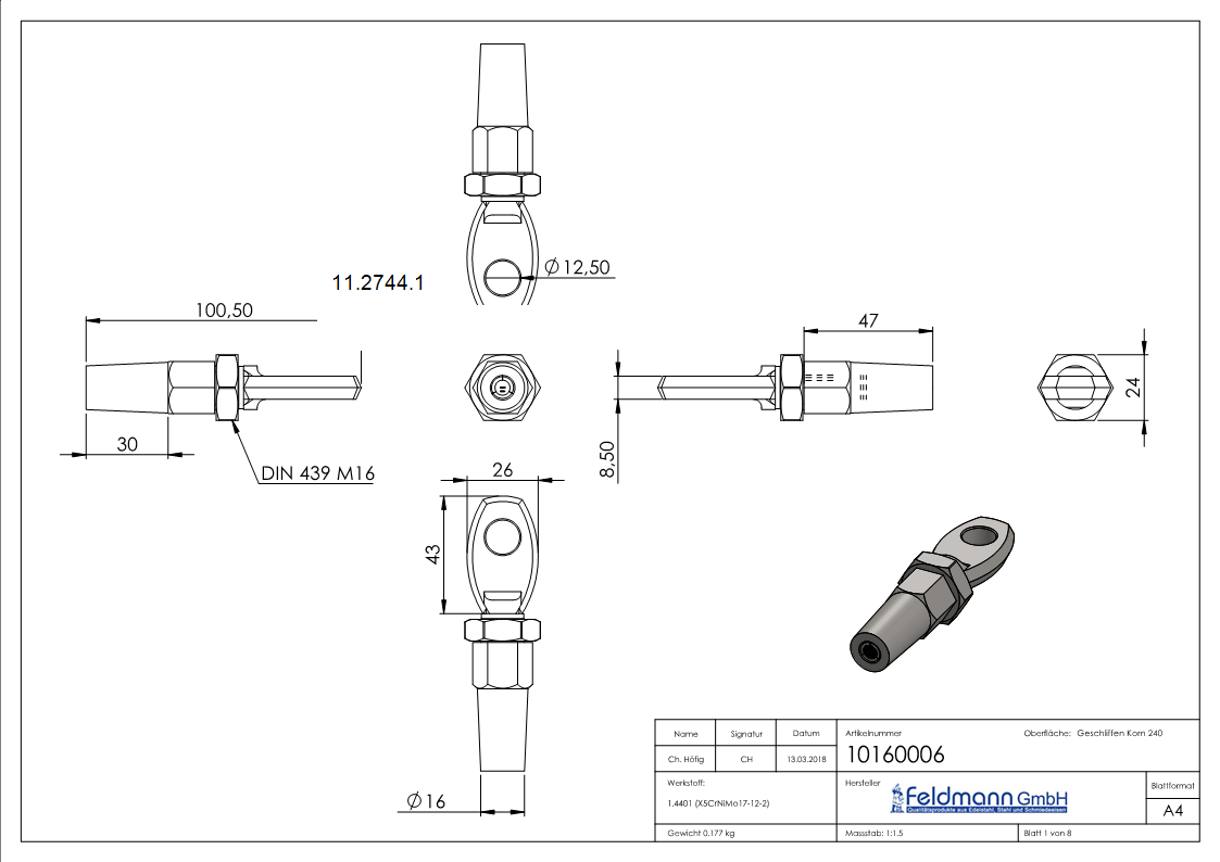 Augenterminal zur Selbstmontage - Fuer Seil Ø 6 mm - V4A-11-2744.1