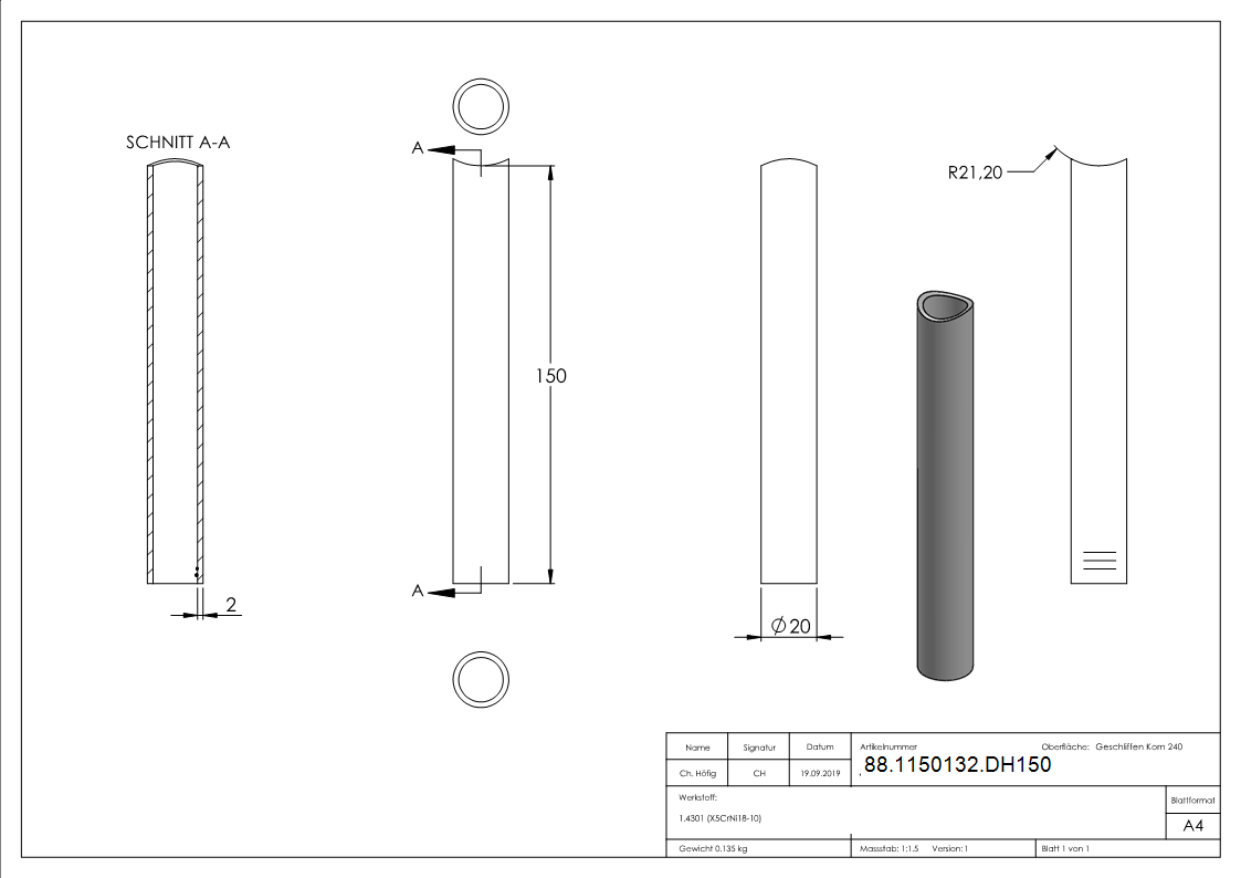 Distanzhuelse Edelstahl V2A L = 150 mm fuer Rohr Ø 42-4 mm einseitig ausgefraest-88-1150132.DH150