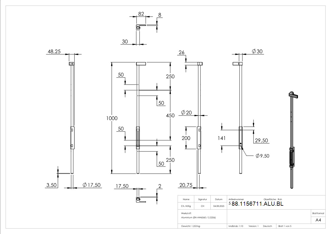 Bodenriegel XL mit Laenge 1000mm- zum Anschrauben- blank-88-1156711-ALU.BL