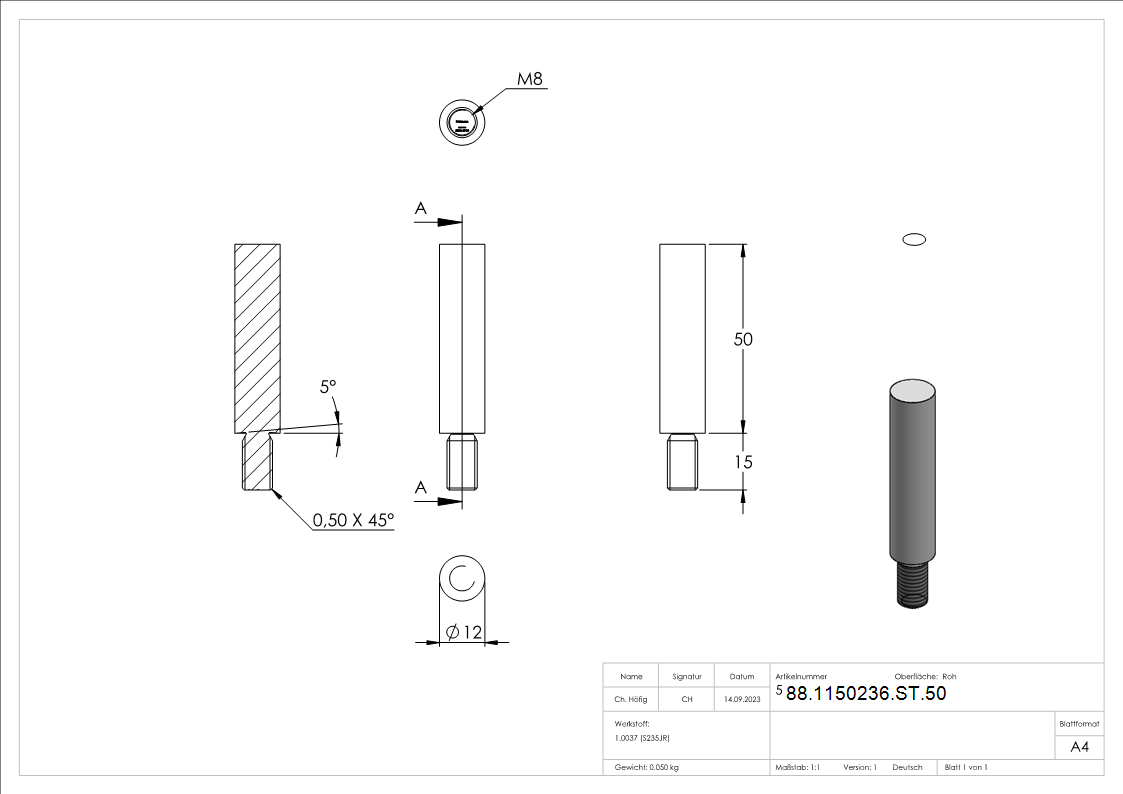 Stift 12mm- 50mm lang-88-1150236-ST.50