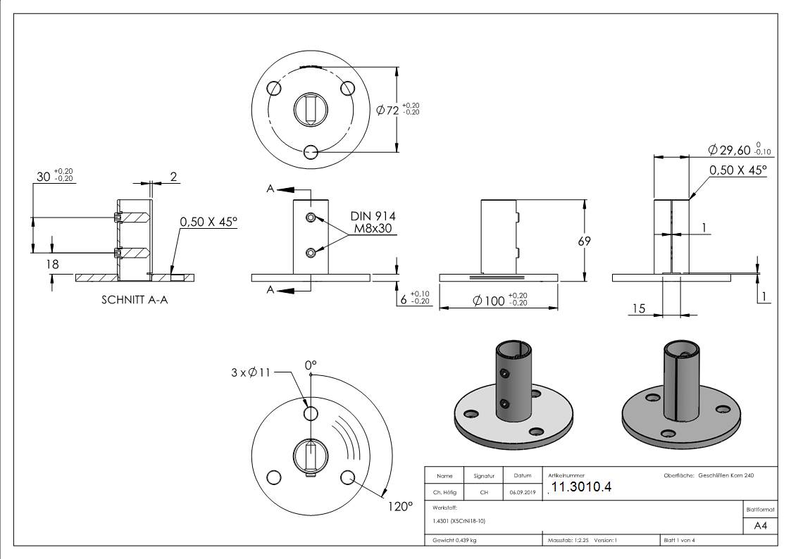 Wand- und Bodenanker  Masse- Ø 100x6 mm fuer Rundrohr Ø 33-7x2-0 mm -V2A-11-3010.4