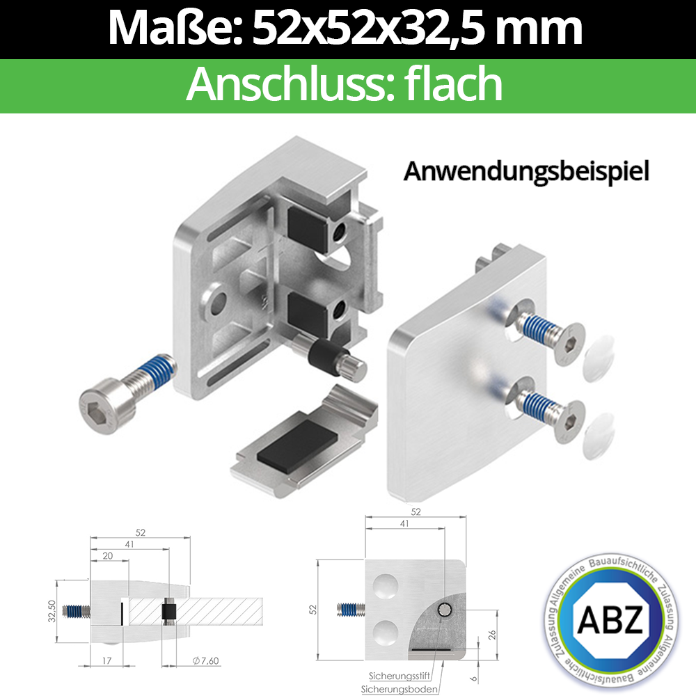 Glasklemme AbZ 52x52x32-5 mm  fuer Anschluss  Flach - Ø 42-4 mm - Ø 48-3 mm - 60-3 mm-10-MODELL34-1-8-1.1
