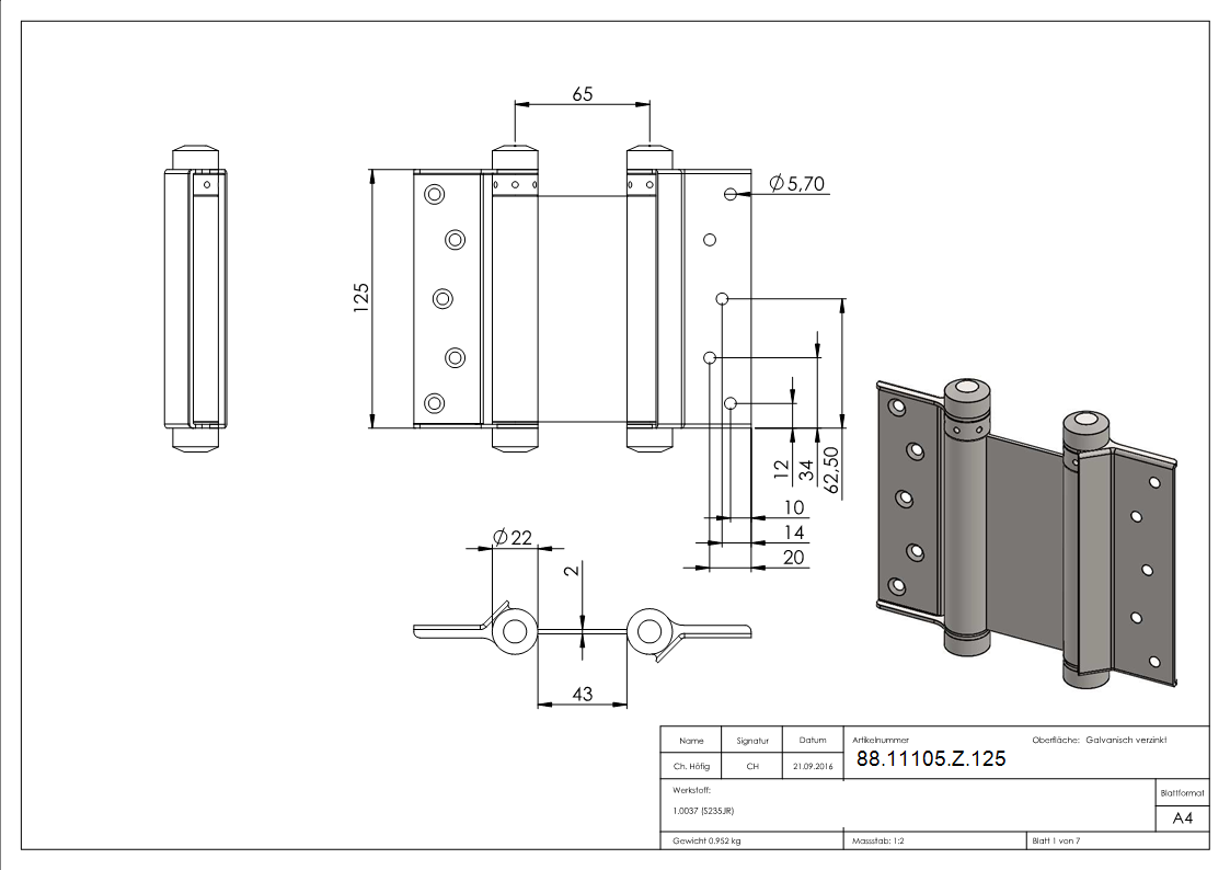 Pendeltuerband verzinkt zum Anschrauben- 1 Paar- 1-72 kg-88-11105-Z.125