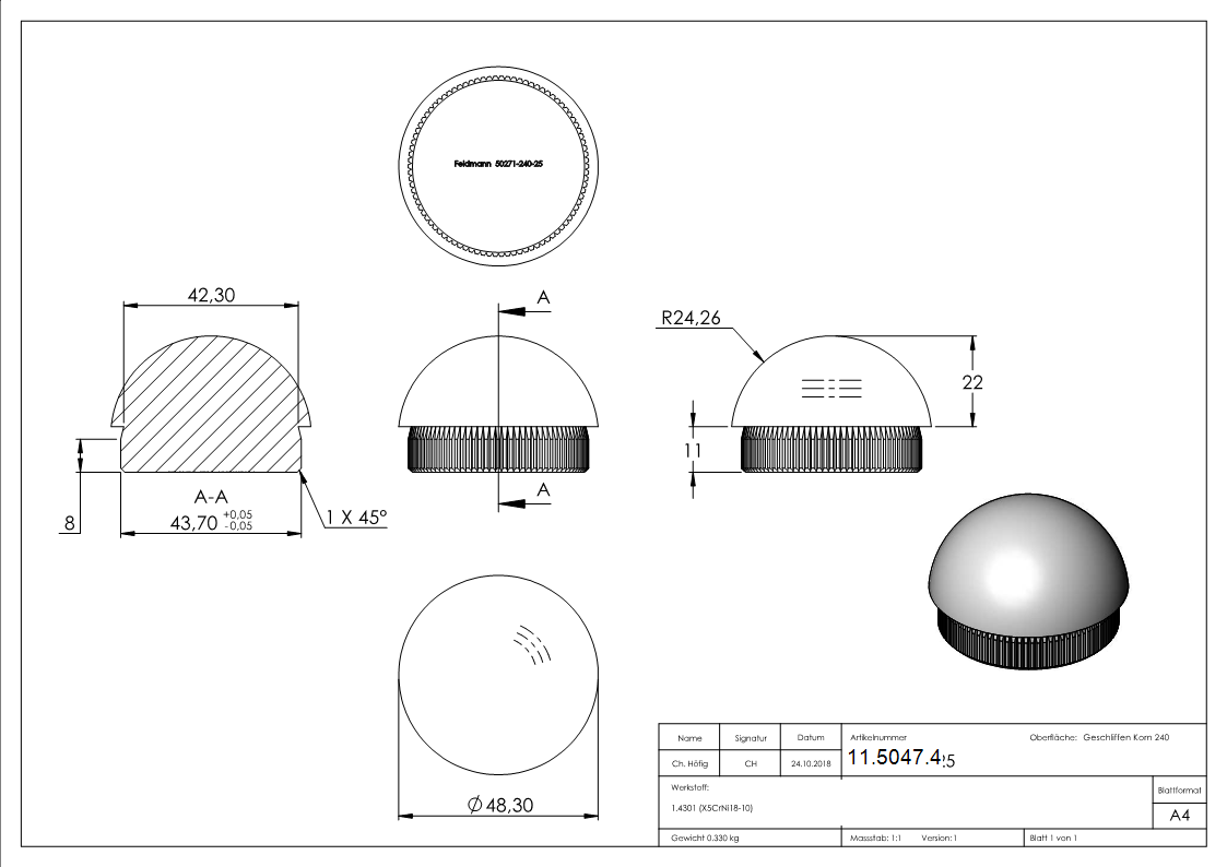 Rohrabschlussstopfen Edelstahl V2A fuer Rohr Ø 48-3 mm x 2-5 mm halbrund zum Einschlagen-11-5047.4