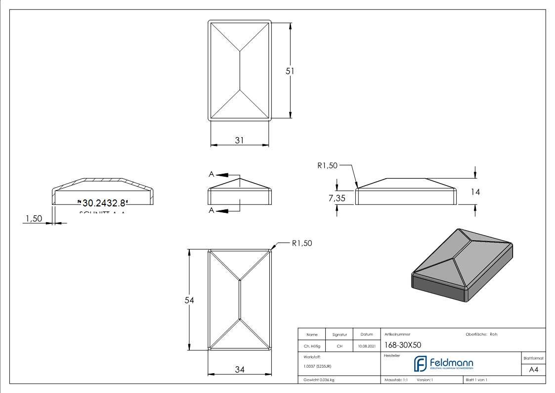 Pfeilerbedecker - fuer Rechteckrohr - Masse- 50x30 mm - Stahl S235JR- roh-30-2432.8