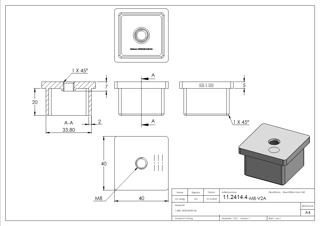Einsteckkappe Edelstahl 40 x 40 x 3-0 mm mit M8 Gewinde-11-2414.4