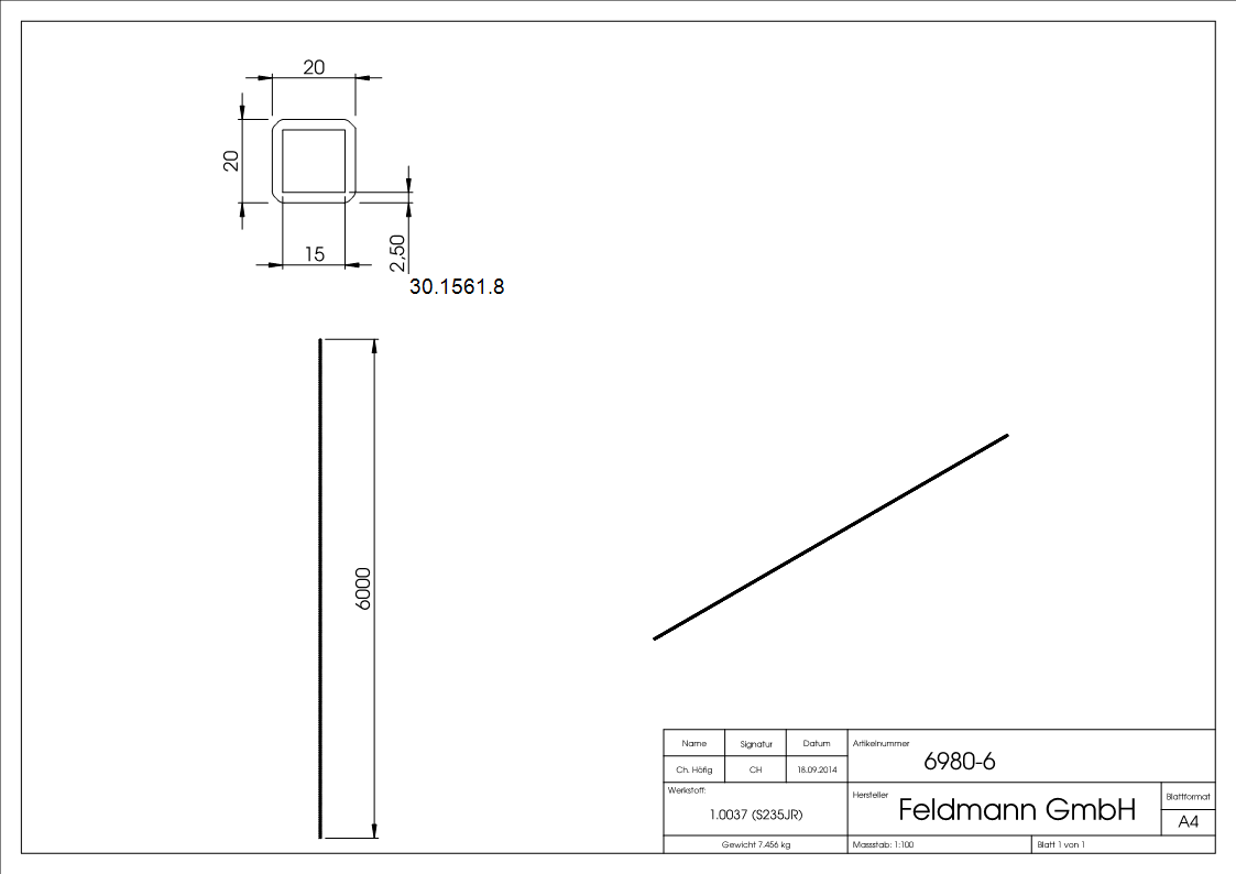Quadratrohr gehaemmert 20x20x2 mm 6000 mm Stahl S235JR- roh-30-1561.8