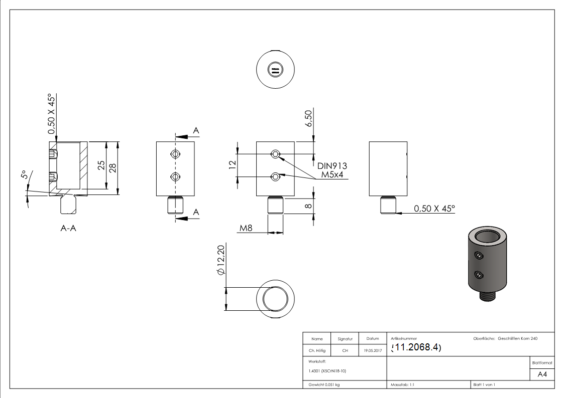 Steckstueck V2A M8 Gewinde mit 2 Madenschrauben-11-2068.4